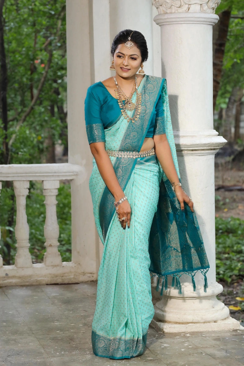 Wedding Special Sky Blue Colour Silk Saree For Women Luxury Comfort