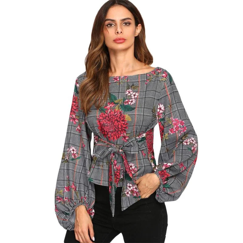 HOLLY’S HOUNDSTOOTH FLORAL LANTERN SLEEVE TOP Evening Looks