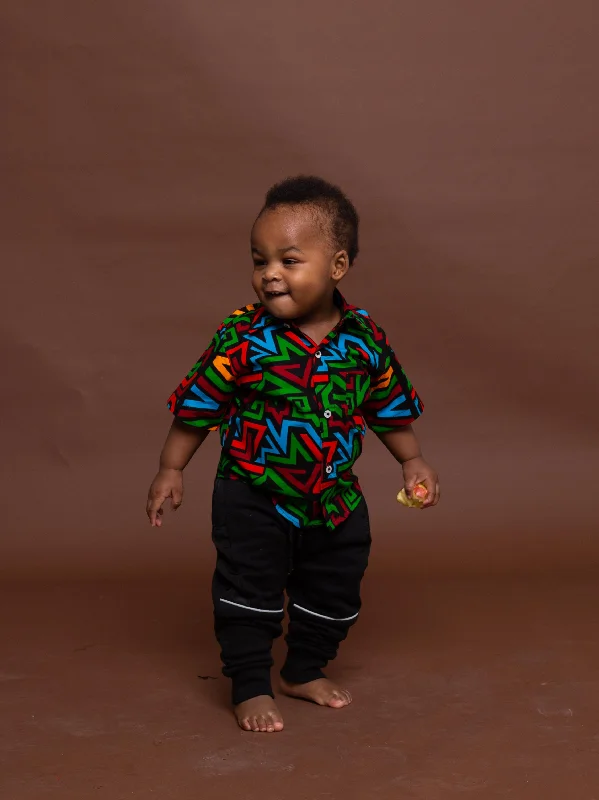 Francis Ankara Boy Shirt sleeve Shirt | Green and Red Multicolored African Print Rustic Countryside Charm Look