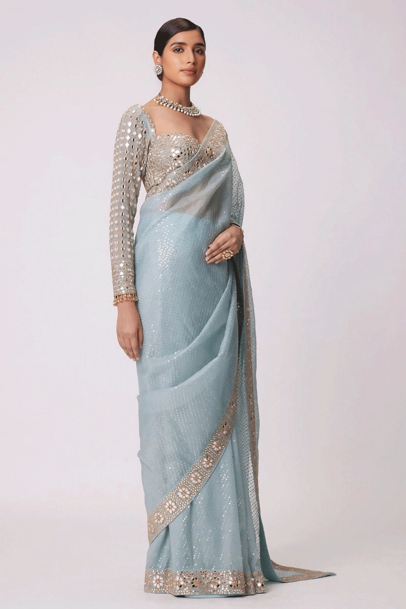 Georgette Sky Blue Color Sequence Saree For Party Wear End Of Season Sale