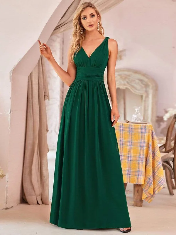 Pleated Sleeveless V-Neck Chiffon Maxi Dress Special Offers