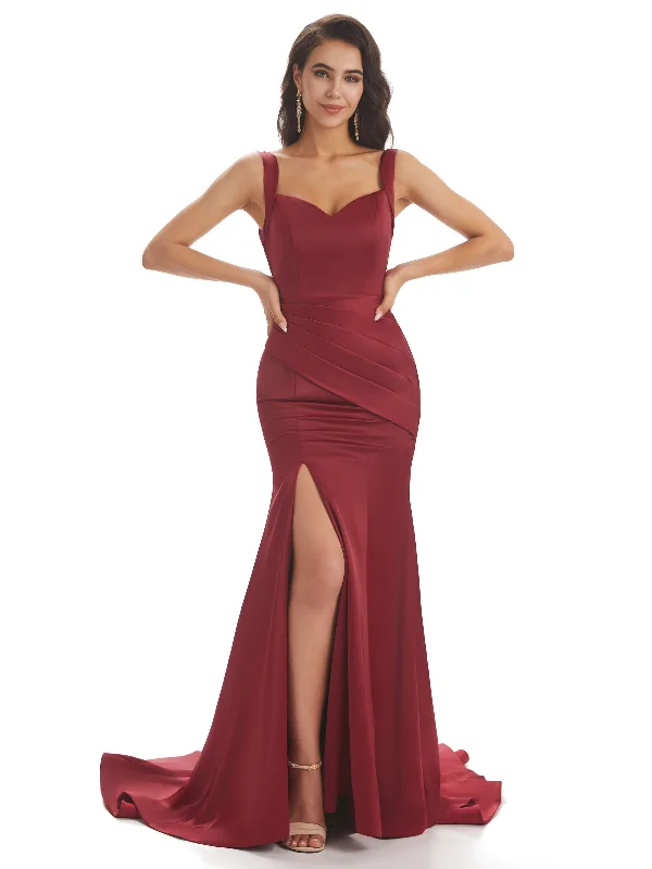 Sexy Side Slit Square Long Mermaid Wedding Satin Maid of Honor Dresses Stylish Basics