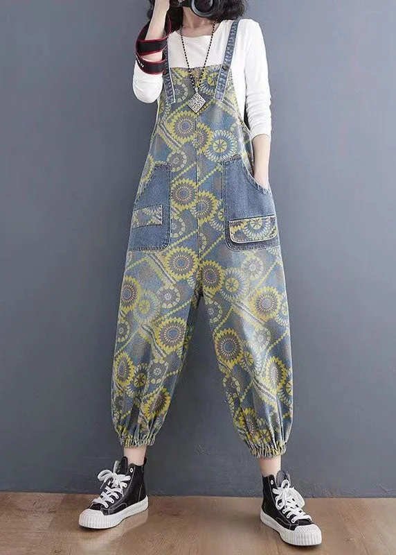 Handmade Yellow Print Denim Spaghetti Strap Jumpsuits Spring Dreamy Draping