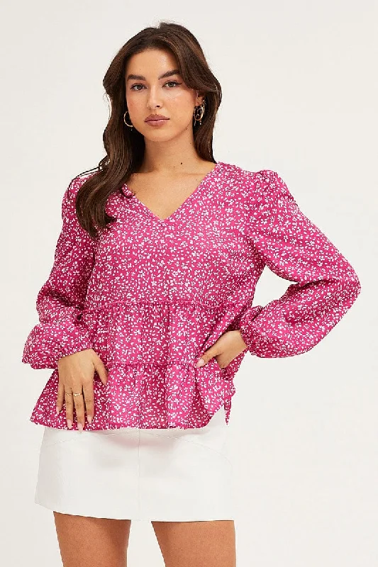 Ditsy Print Ruffle Top Long Sleeve Fashion Forward