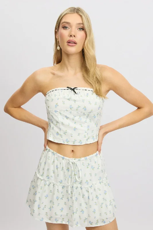 Blue Ditsy Tube Top Strapless Ruched Explore What's New