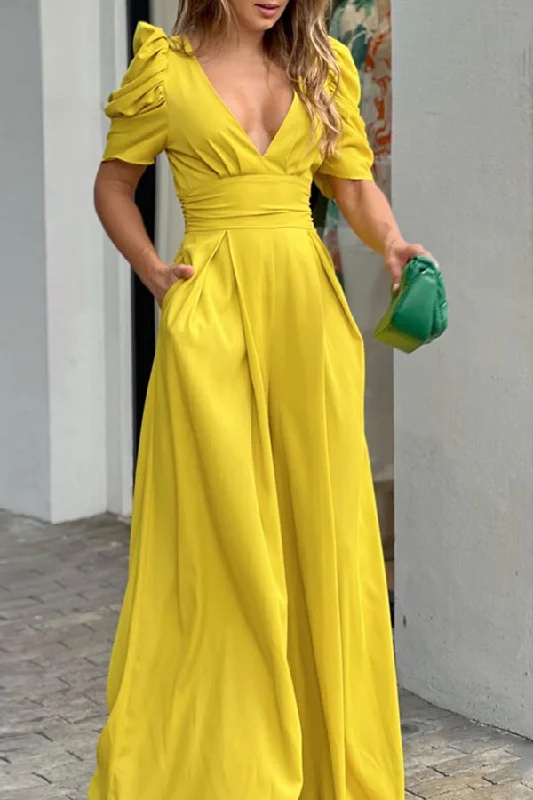 Solid Color Puff Sleeve Pretty Wide Leg Jumpsuit First Order Discount