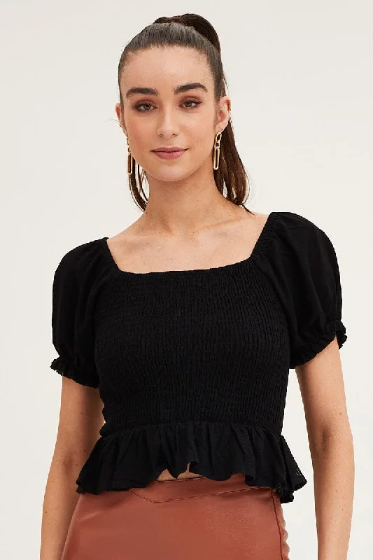 Black Puff Sleeve Shirred Top Break Fashion Norms