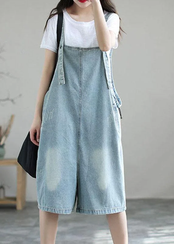 Light Blue Retro Loose Pockets Summer Denim Jumpsuit Shorts Special Occasion Wear