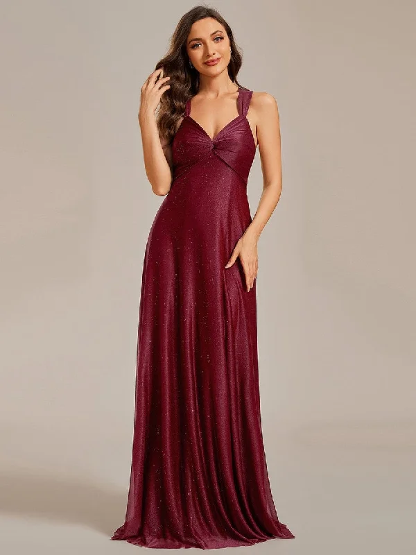 Glittery Pleated V-neck Adjustable Back Lace-Up Sleeveless Bridesmaid Dress Chic & Cozy Collection