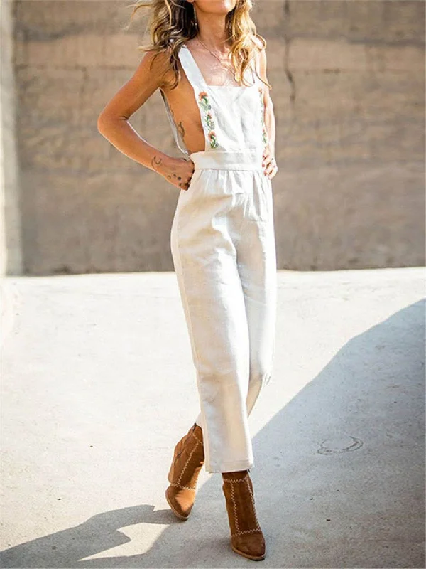 Embroideried Casual Solid Color Straps Pockets Jumpsuit Bold Patterns