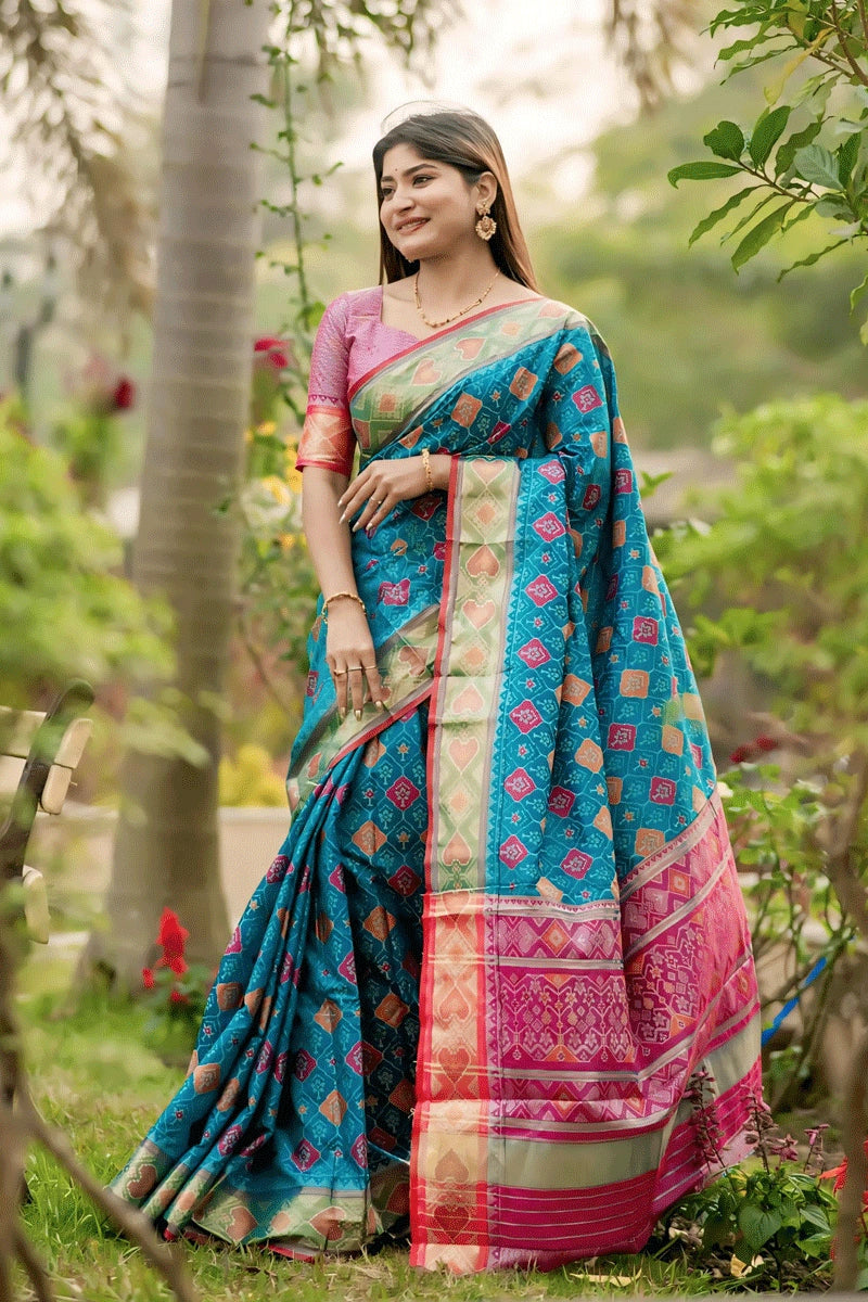 Banarasi Silk Patola Sky Blue Saree For Wedding Season Transition Versatile Wear Clearance