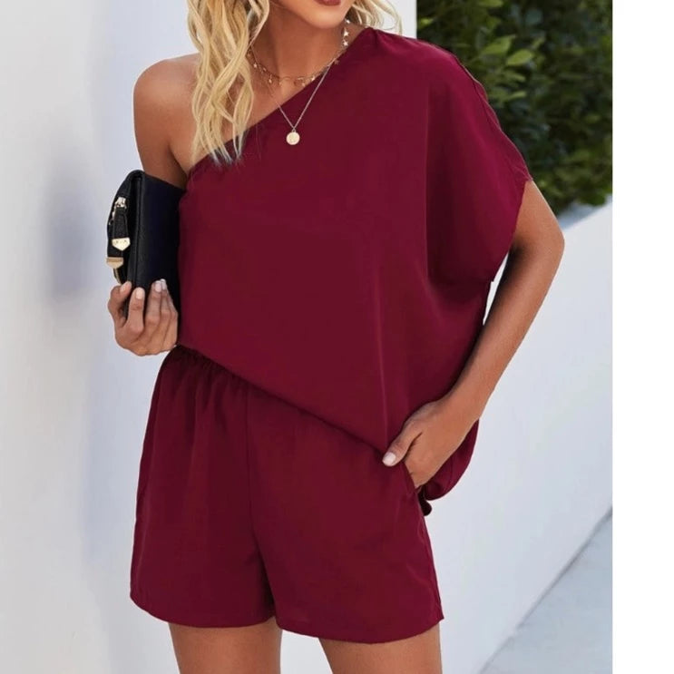 One Shoulder Romper in Wine Fashion Essentials