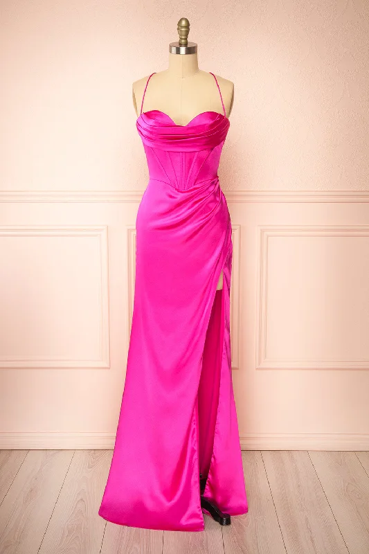 Kesha Fuchsia | Corset Cowl Neck Maxi Dress Feminine Allure