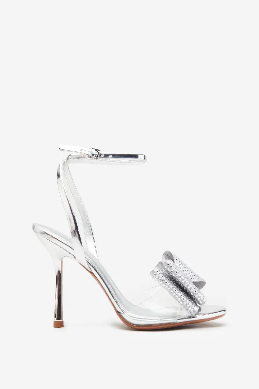 Bowing | Silver Metallic Heeled Sandals With Diamante Bows Summer Fashion