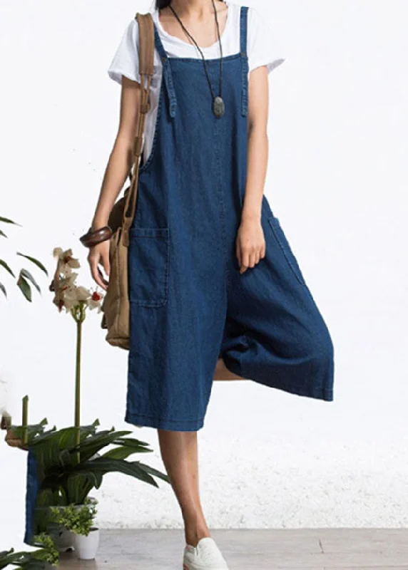 Organic Blue Pockets Solid Color Cotton Denim Jumpsuits Wide Leg Pants Summer Fashion Sale