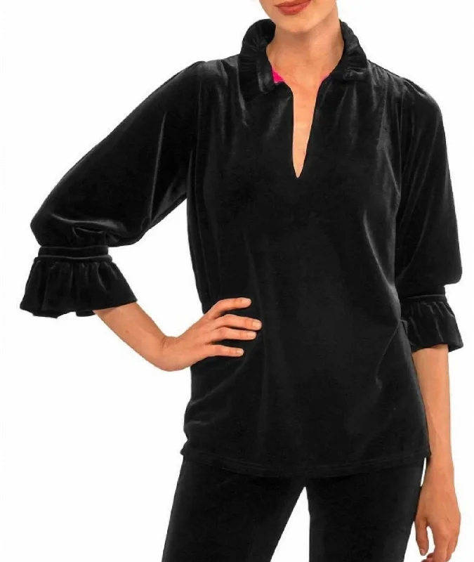 Ruffleneck Tunic In Velvet In Black Flash Sale