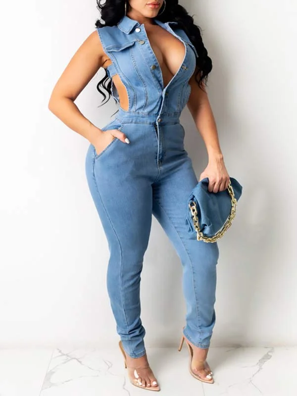 Motionkiller Button-Front Sleeveless Denim Jumpsuit Trendy Threads