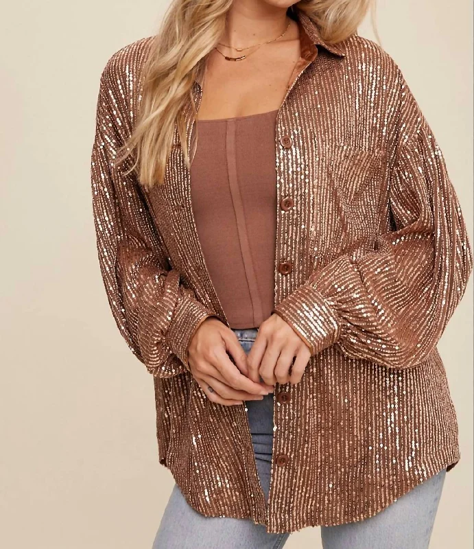 Oversized Sequin Button Down Shirt In Copper Chic Wardrobe Essentials