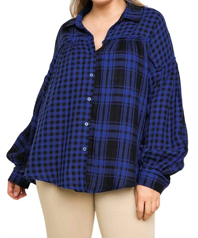 Plaid & Checkered Button Up Top In Royal Redefining Women's Fashion