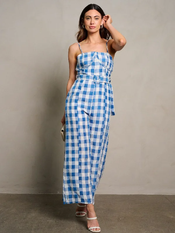 WOMEN'S SLEEVELESS POCKETS SELF TIE WIDE LEG PLAID JUMPSUIT Mega Sale