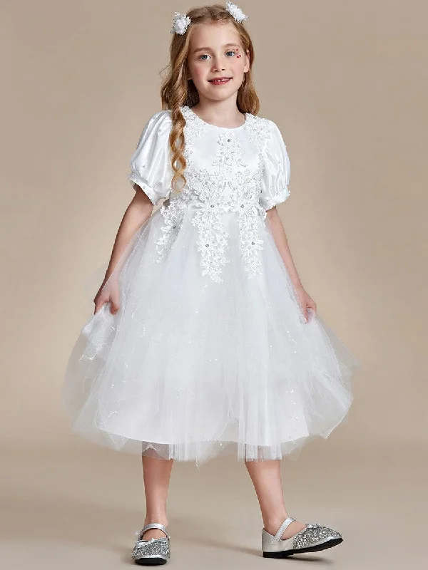 Satin Floral Applique Puff Sleeves Tulle Flower Girl Dress Popular Collection