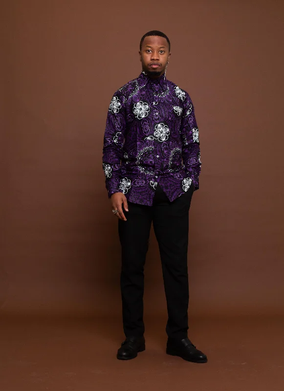 Simon Ankara Men Shirt | Purple and White African Print Summer Essentials