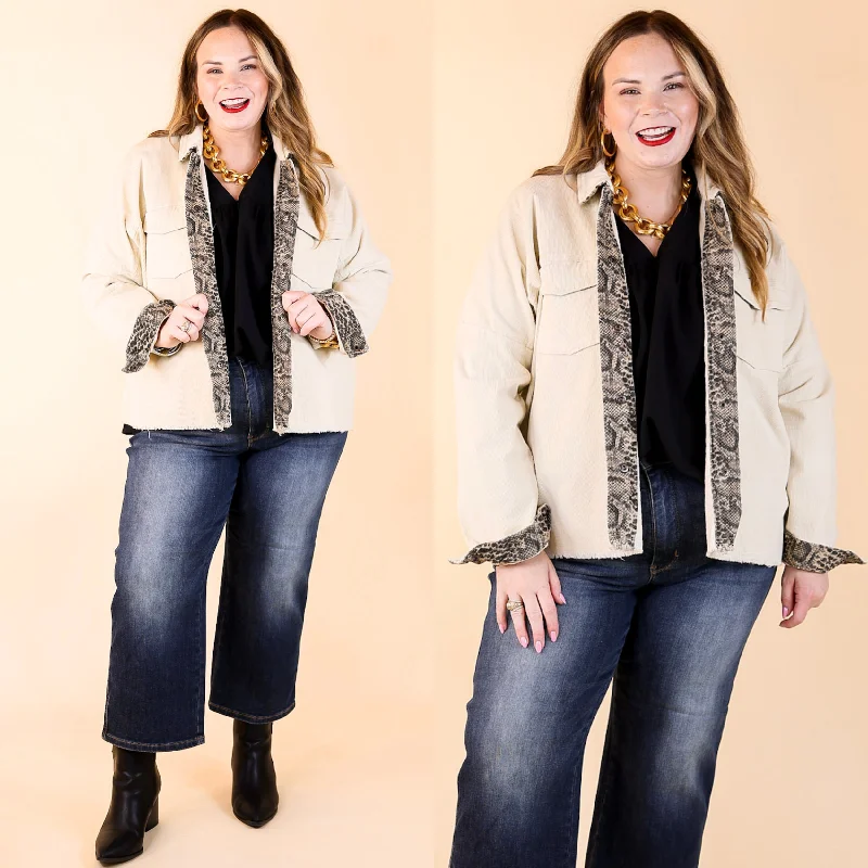 Deer Valley Resort Corduroy Shacket with Animal Print Trim in Ivory Crazy Discounts, Hurry Up