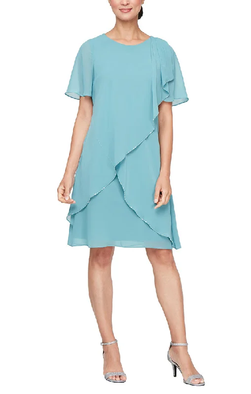 Chiffon Dress with Tulip Overlay Bodice, Short Sleeves and Beaded Trim Season Transition Versatile Wear Clearance