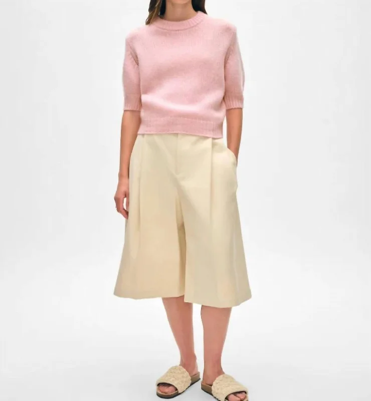 Cashmere Puff Sleeve Crew In Pink Season Transition Versatile Wear Clearance