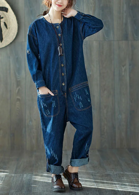 Fashion dark Blue O-Neck pockets denim Jumpsuits Spring Beat The Heat In Tropical Styles