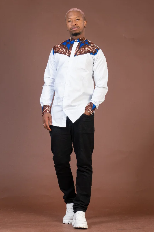 Timi Mixed Print Men Shirt | White and African Ankara Print Classic Appeal