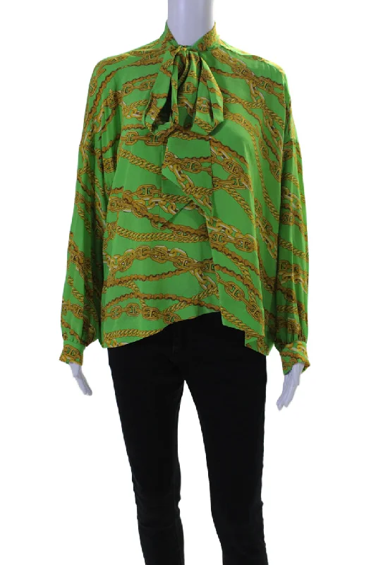 Balenciaga Womens Long Sleeve Tie Neck Chain Print Silk Top Green Casual Chic