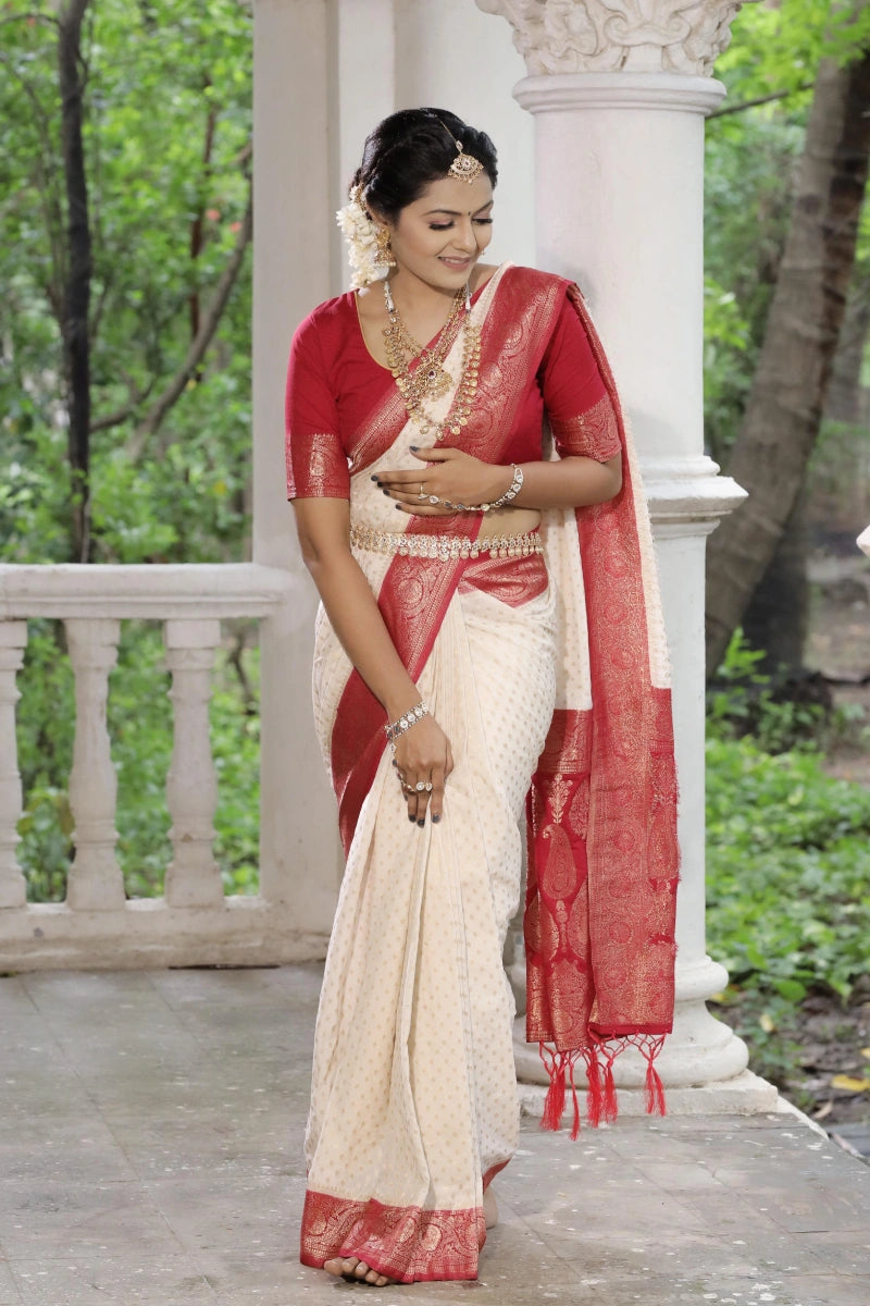 Wedding Look White And Red Colour Silk Saree Elegant Contour