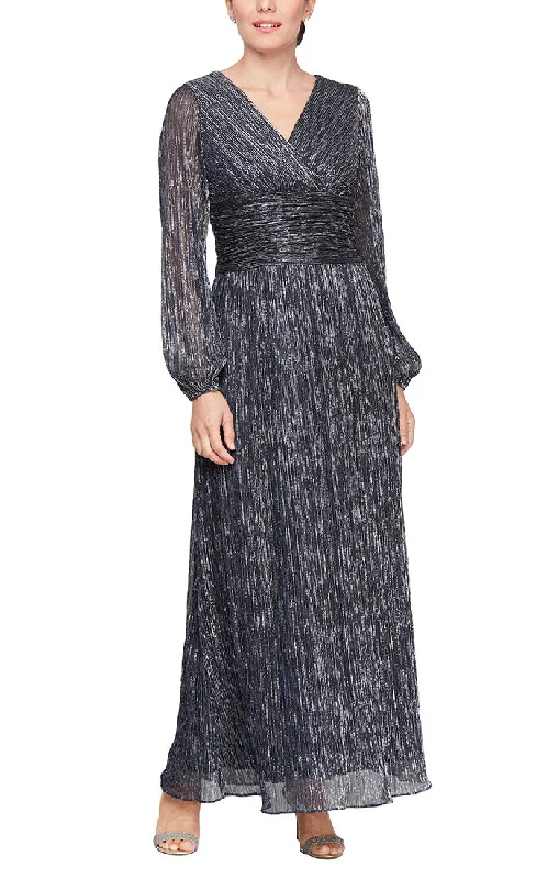 Surplice Neckline Shimmer Gown with Long Sleeves and Ruched Waist Detail Special Offers