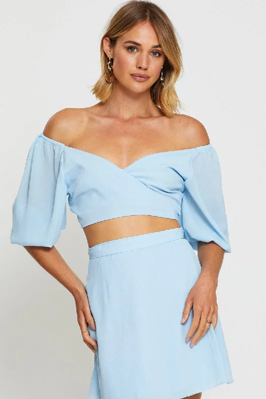 Blue Wrap Top Off Shoulder Crop Latest Trends