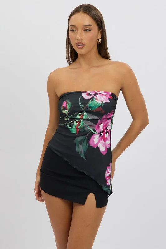 Black Floral Bandeau Top Chic And Edgy