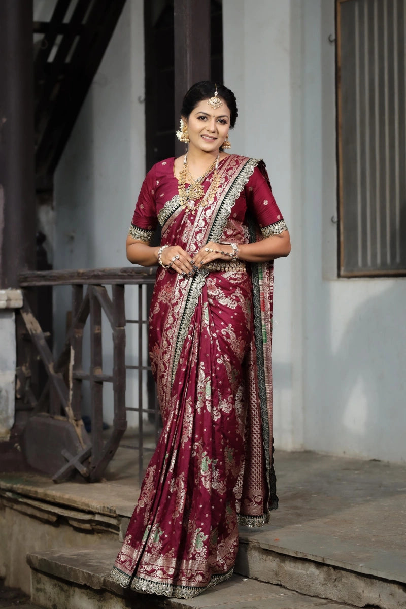 Maroon Colour Flower Print Designer Saree For Wedding Timeless Elegant