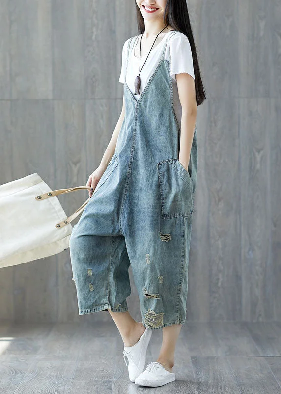 Modern light Blue pockets ripped Jeans loose Jumpsuit Spring Save On Inspired Styles