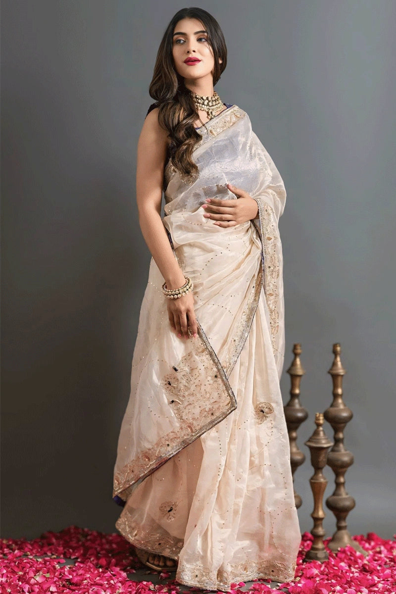 Embroidery Work Off White Bengali Saree For Durga Puja Premium Fashion