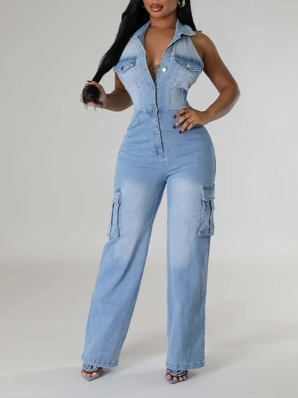 Halter Button-Front Denim Jumpsuit Hollywood Glam Award - Show Style