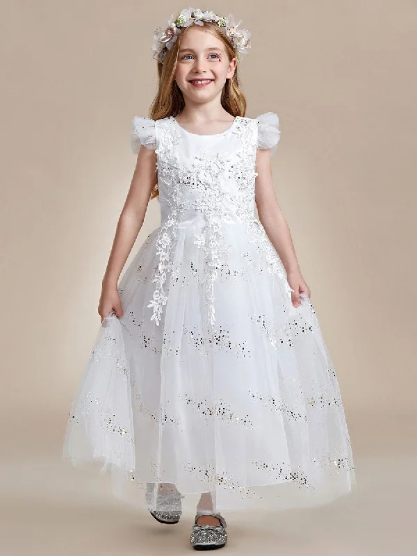 Lace Applique Flutter Sleeves Sparkle Princess Flower Girl Dress Season Sale