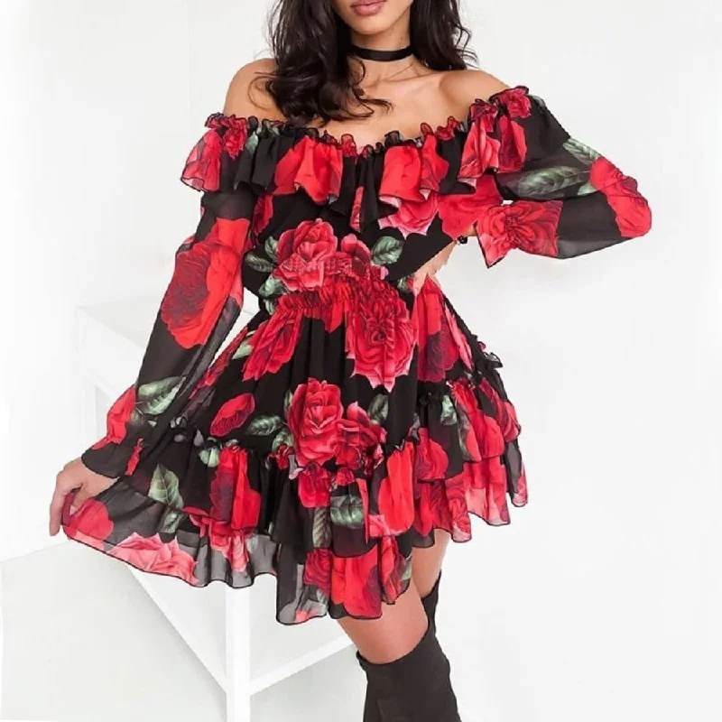 Off Shoulder Ruffles Flower Long Sleeve Elegant Chiffon Dress Holiday Attire Sale