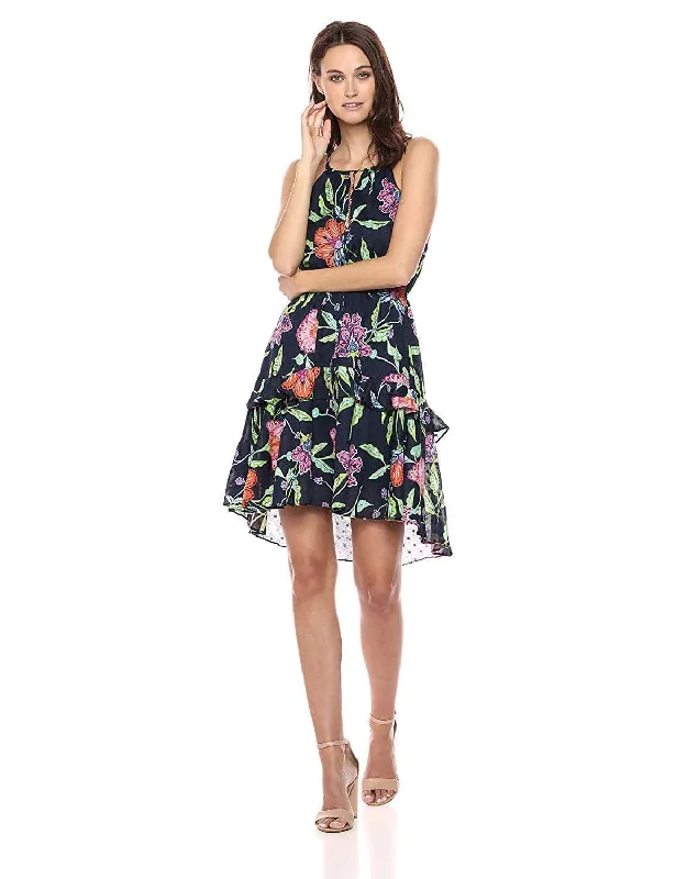 Taylor - 9682M Floral Print Tie Keyhole Front Dress Effortless Everyday Wear