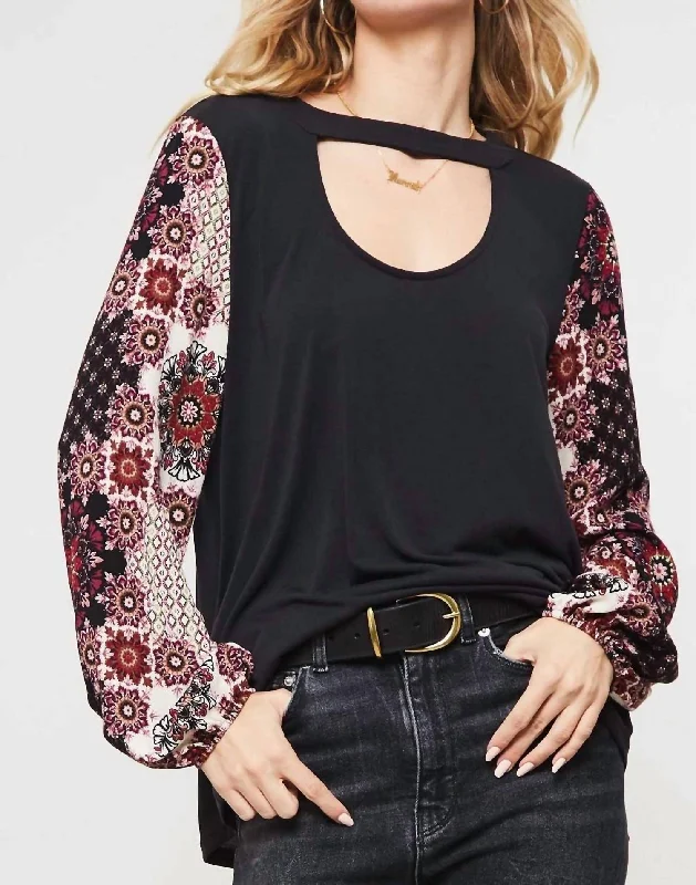 Floral Print Sleeve Knit Top In Black Sustainable Fashion Extravaganza