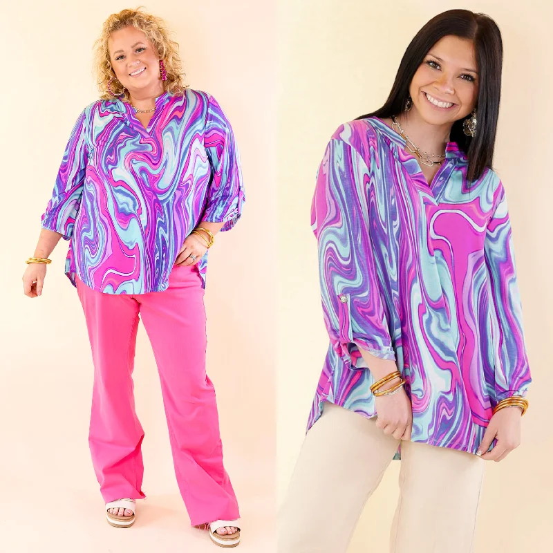 Urban Elegance Marble 3/4 Sleeve Tunic Top in Purple Mix Effortless Comfort