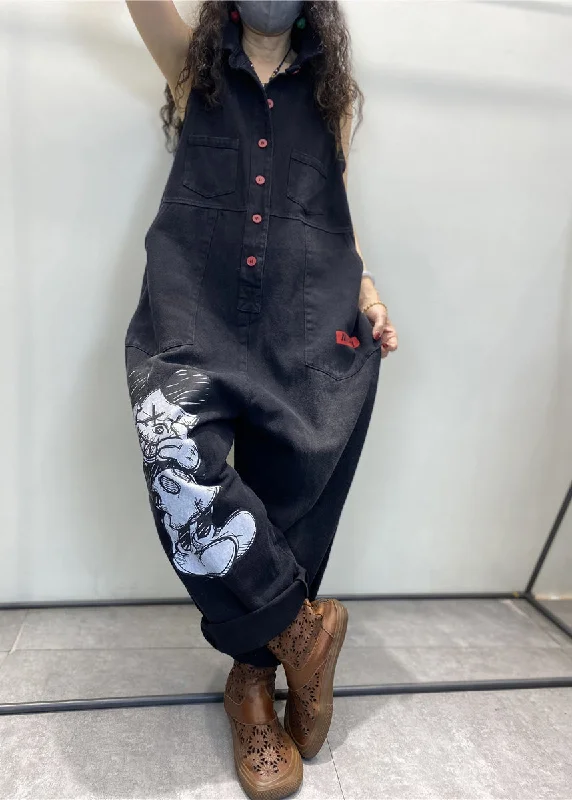 Stylish Black Peter Pan Collar Print Button Denim Jumpsuits Spring Feminine Allure