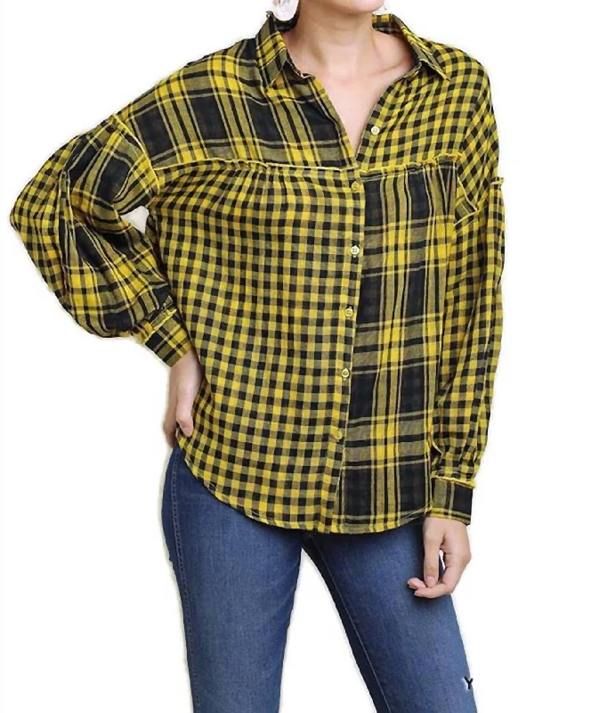 Plaid & Checkered Button Up Top In Yellow Exclusive Discounts