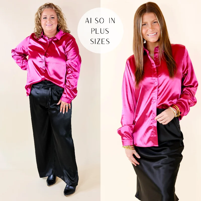 Down To Disco Satin Long Sleeve Button Up Top in Magenta Classic Appeal