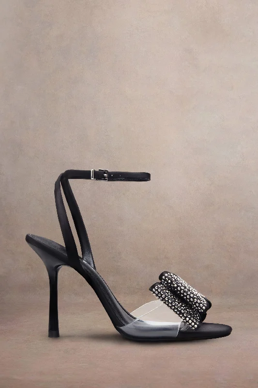 Bowing | Black Satin Heeled Sandals With Diamante Bows End Of Season Sale