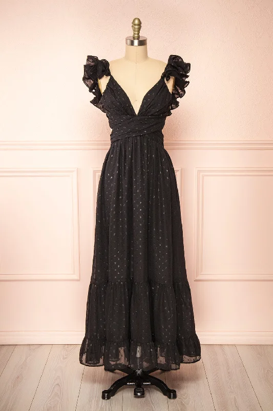 Isandrine | Long Black Dress w/ Dots & Ruffles Effortless Grace